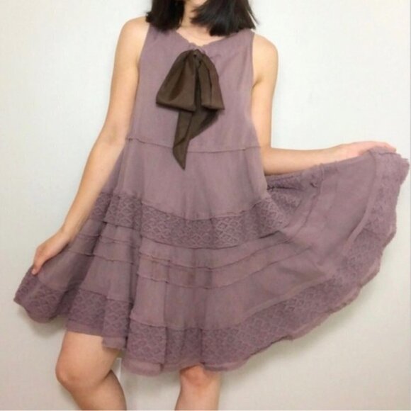 Anthropologie Zehavale Tiered Boho Gatsby Lace Dress 6 Mauve Babydoll Ribbon Tie - Picture 2 of 7
